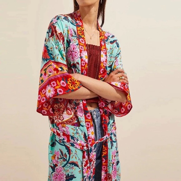 Colorful Red Mint Peacock Floral Bohemian Boho Duster Wrap Kimono Coverup Robe - Picture 5 of 11